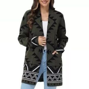 FRYE Women's Olive Green Black and Cream Aztec Patterned Boho Western Cardigan